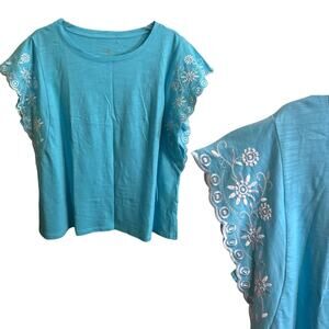 Belle by Kim Gravel Top Women SZ 1X Slub Knit Eyelet Flutter Sleeve Turquoise